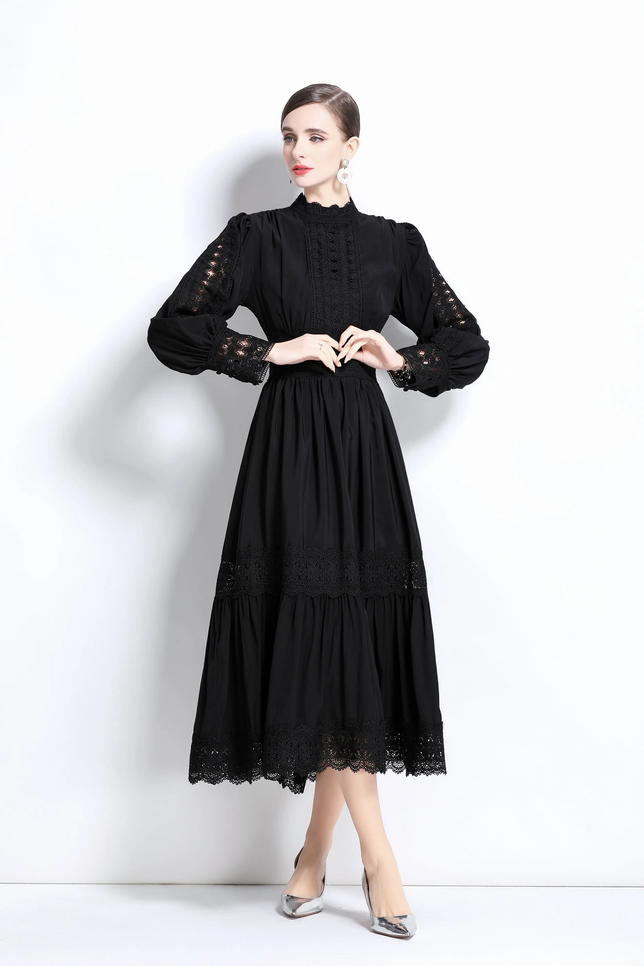 Women's Palace Long Puff Sleeve Lace Maxi Dress